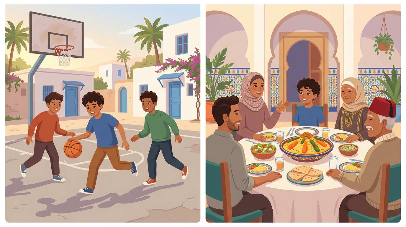 Samedi, Leo joue au basket avec ses cousins ; dimanche, il déjeune un couscous avec ses parents et ses grands-parents